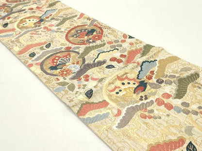 平和屋着物●六通柄袋帯　唐織　作家物　能衣　舞蝶枝垂れ藤松文　金糸　正絹　逸品　DAAW6964ob