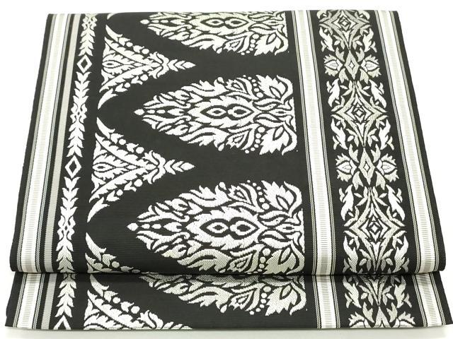 平和屋着物●本場筑前博多織 八寸名古屋帯 更紗花間道 黒地 正絹 逸品 DAAW6996ob