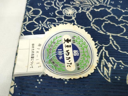 平和屋着物＊夏物　浴衣　反物　着尺　綿絽　長板藍染　雲取り吉祥花文　証紙付き　綿　逸品　未使用　DAAW7540zzz
