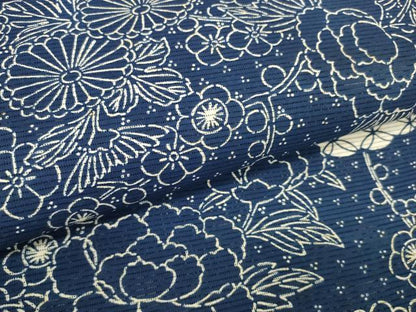 平和屋着物＊夏物　浴衣　反物　着尺　綿絽　長板藍染　雲取り吉祥花文　証紙付き　綿　逸品　未使用　DAAW7540zzz