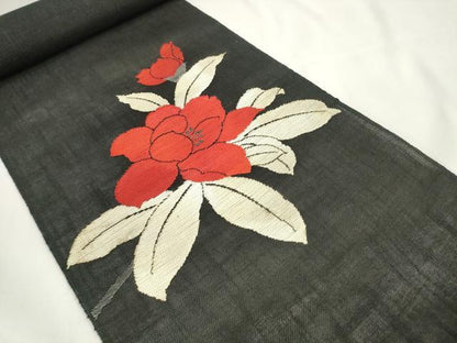 平和屋着物＊夏物 西陣 名古屋帯 帯反物 枝花文 黒地 証紙付き 麻絹 逸品 未使用 DAAW7634zzz