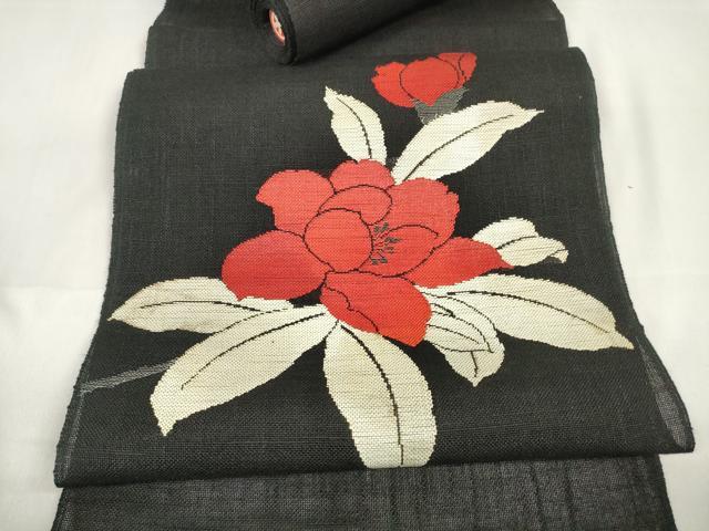 平和屋着物＊夏物 西陣 名古屋帯 帯反物 枝花文 黒地 証紙付き 麻絹 逸品 未使用 DAAW7634zzz