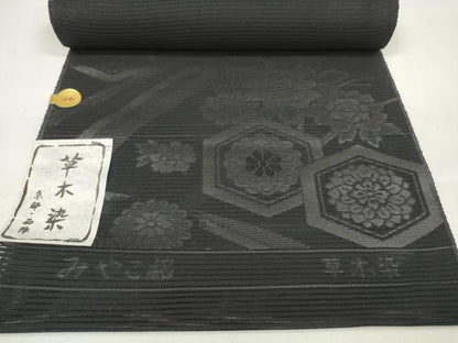 平和屋着物＊夏物 西陣 石黒織物謹製 名古屋帯 帯反物 都絽 黒共帯 草木染 亀甲花文 証紙付き 逸品 未使用 DAAW7747zzz