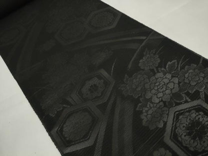 平和屋着物＊夏物 西陣 石黒織物謹製 名古屋帯 帯反物 都絽 黒共帯 草木染 亀甲花文 証紙付き 逸品 未使用 DAAW7747zzz