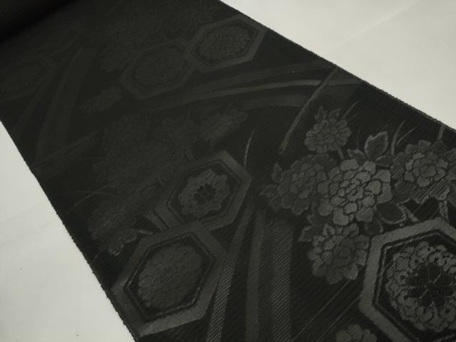 平和屋着物＊夏物 西陣 石黒織物謹製 名古屋帯 帯反物 都絽 黒共帯 草木染 亀甲花文 証紙付き 逸品 未使用 DAAW7747zzz