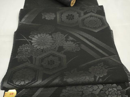 平和屋着物＊夏物 西陣 石黒織物謹製 名古屋帯 帯反物 都絽 黒共帯 草木染 亀甲花文 証紙付き 逸品 未使用 DAAW7747zzz