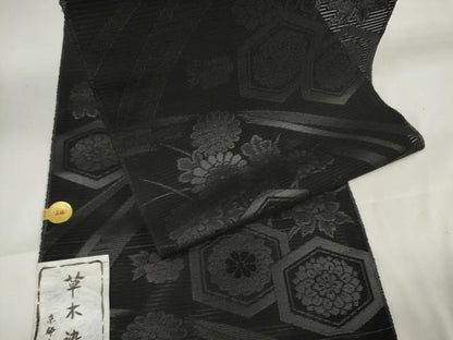 平和屋着物＊夏物 西陣 石黒織物謹製 名古屋帯 帯反物 都絽 黒共帯 草木染 亀甲花文 証紙付き 逸品 未使用 DAAW7747zzz