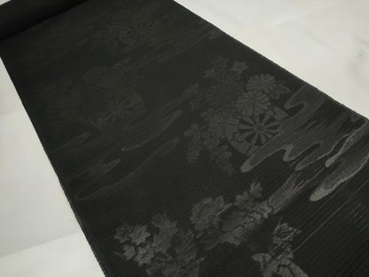 平和屋着物＊夏物 西陣 石黒織物謹製 名古屋帯 帯反物 都絽 黒共帯 草木染 霞源氏車花文 証紙付き 逸品 未使用 DAAW7749zzz