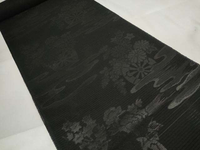 平和屋着物＊夏物 西陣 石黒織物謹製 名古屋帯 帯反物 都絽 黒共帯 草木染 霞源氏車花文 証紙付き 逸品 未使用 DAAW7749zzz