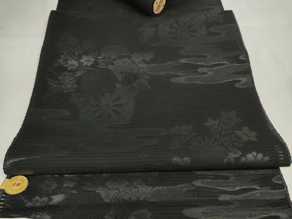平和屋着物＊夏物 西陣 石黒織物謹製 名古屋帯 帯反物 都絽 黒共帯 草木染 霞源氏車花文 証紙付き 逸品 未使用 DAAW7749zzz