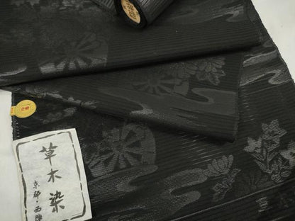 平和屋着物＊夏物 西陣 石黒織物謹製 名古屋帯 帯反物 都絽 黒共帯 草木染 霞源氏車花文 証紙付き 逸品 未使用 DAAW7749zzz