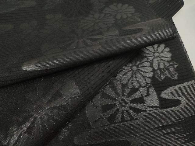 平和屋着物＊夏物 西陣 石黒織物謹製 名古屋帯 帯反物 都絽 黒共帯 草木染 霞源氏車花文 証紙付き 逸品 未使用 DAAW7749zzz