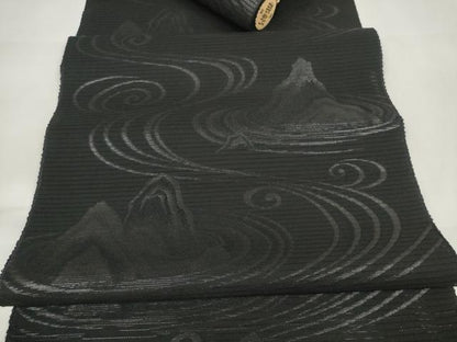 平和屋着物＊夏物　西陣　石黒織物謹製　名古屋帯　帯反物　黒共帯　みやこ路　草木染　流水　石庭　証紙付き　逸品　未使用　DAAW7816zzz