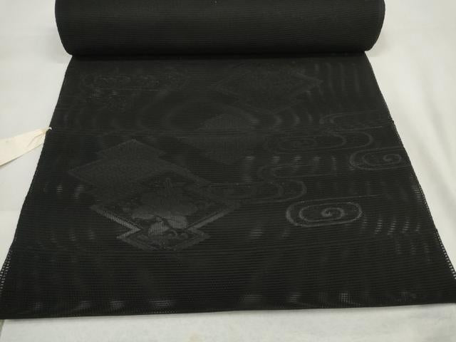 平和屋着物＊夏物 名古屋帯 帯反物 黒共帯 絽 五倍子染 松皮菱流水花文 健勝苑扱い 逸品 未使用 DAAW7825zzz
