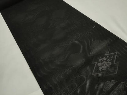 平和屋着物＊夏物 名古屋帯 帯反物 黒共帯 絽 五倍子染 松皮菱流水花文 健勝苑扱い 逸品 未使用 DAAW7825zzz