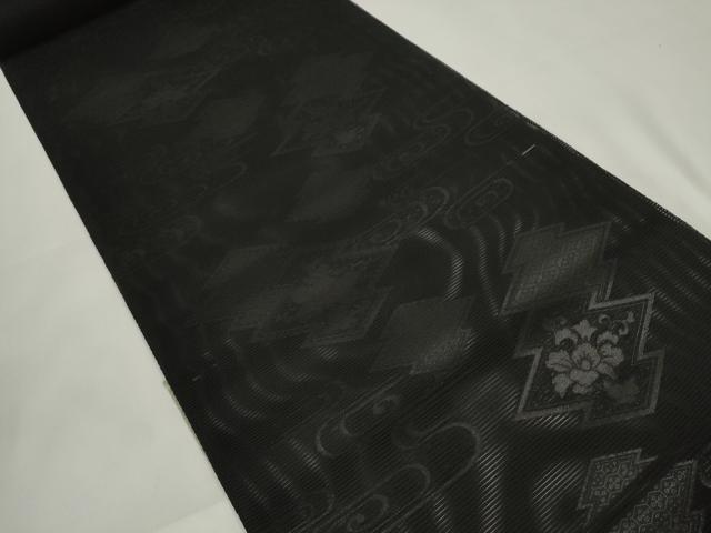 平和屋着物＊夏物 名古屋帯 帯反物 黒共帯 絽 五倍子染 松皮菱流水花文 健勝苑扱い 逸品 未使用 DAAW7825zzz