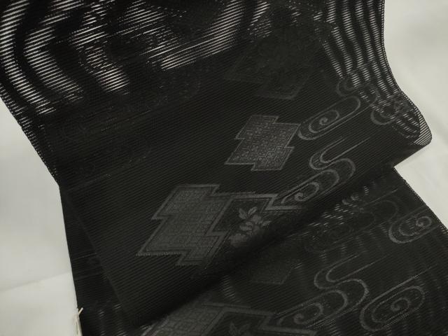 平和屋着物＊夏物 名古屋帯 帯反物 黒共帯 絽 五倍子染 松皮菱流水花文 健勝苑扱い 逸品 未使用 DAAW7825zzz