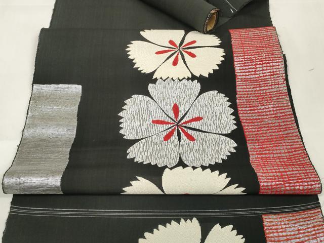 平和屋着物＊夏物 名古屋帯 帯反物 撫子 黒地 銀糸 逸品 未使用 DAAW8157zzz