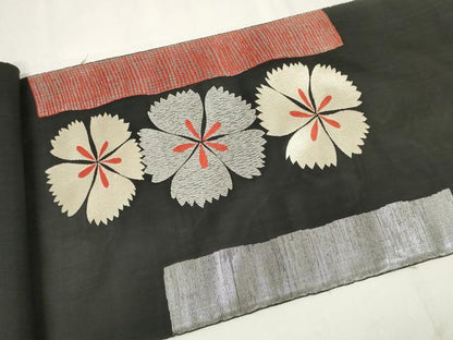 平和屋着物＊夏物 名古屋帯 帯反物 撫子 黒地 銀糸 逸品 未使用 DAAW8157zzz