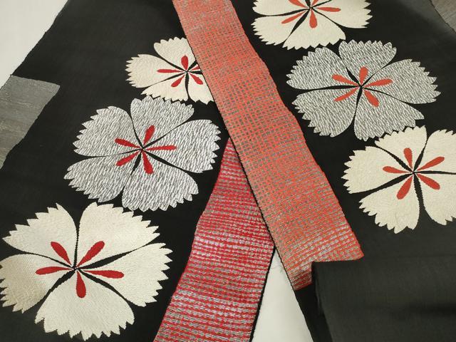 平和屋着物＊夏物 名古屋帯 帯反物 撫子 黒地 銀糸 逸品 未使用 DAAW8157zzz