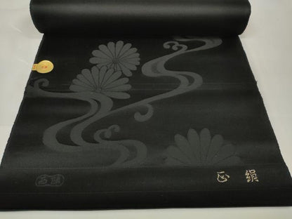 平和屋着物＊夏物 西陣 平元織物謹製 名古屋帯 帯反物 黒共帯 流水菊文 証紙付き 逸品 未使用 DAAW8159zzz