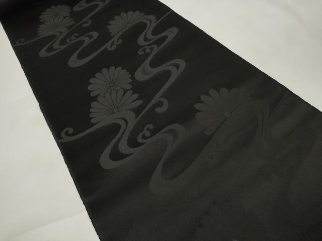 平和屋着物＊夏物 西陣 平元織物謹製 名古屋帯 帯反物 黒共帯 流水菊文 証紙付き 逸品 未使用 DAAW8159zzz
