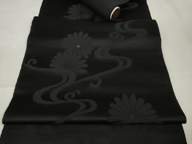 平和屋着物＊夏物 西陣 平元織物謹製 名古屋帯 帯反物 黒共帯 流水菊文 証紙付き 逸品 未使用 DAAW8159zzz