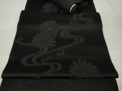 平和屋着物＊夏物 西陣 平元織物謹製 名古屋帯 帯反物 黒共帯 流水菊文 証紙付き 逸品 未使用 DAAW8159zzz