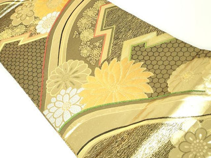 平和屋着物◎佐賀錦 両面 六通柄袋帯 幾何学花文 黒地 金銀糸 正絹 逸品 DAAW8648qa