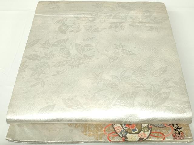 平和屋着物◎全通柄袋帯　唐織　作家物　葉尽くし　太鼓鼓　ワンポイント　金糸　正絹　逸品　DAAW8654qa