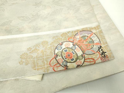平和屋着物◎全通柄袋帯　唐織　作家物　葉尽くし　太鼓鼓　ワンポイント　金糸　正絹　逸品　DAAW8654qa