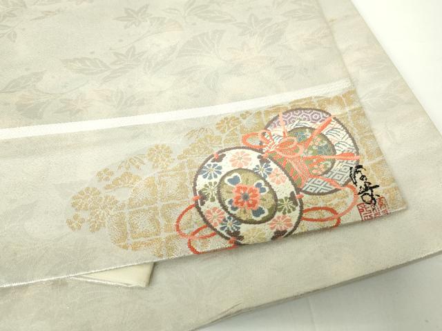 平和屋着物◎全通柄袋帯　唐織　作家物　葉尽くし　太鼓鼓　ワンポイント　金糸　正絹　逸品　DAAW8654qa