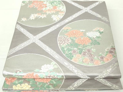 平和屋着物◎六通柄袋帯 唐織 花丸菱文 銀糸 正絹 逸品 DAAW8660qa