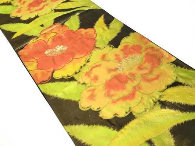 平和屋着物◎西陣　六通柄袋帯　草花文　黒地　金糸　正絹　逸品　DAAW8668qa