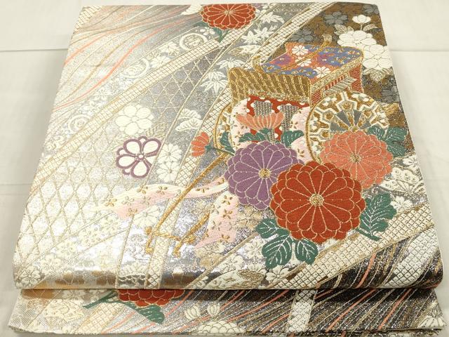 平和屋着物◎六通柄袋帯 唐織 御所車花文 純プラチナ箔貮重箔 正絹 逸品 DAAW8846qa