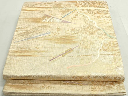 平和屋着物◎六通柄袋帯 扇面道長花文 金銀糸 正絹 逸品 DAAW8885qa
