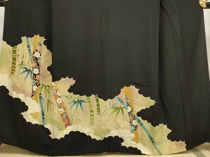 平和屋着物■豪華黒留袖 駒刺繍 笹竹花文 金彩 正絹 逸品 DAAW8944qa
