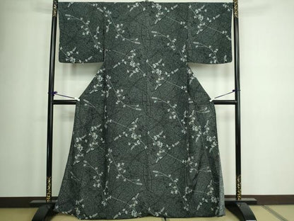 平和屋着物▽小紋 単衣 枝葉文 黒地 洗える着物 DAAW9176sf