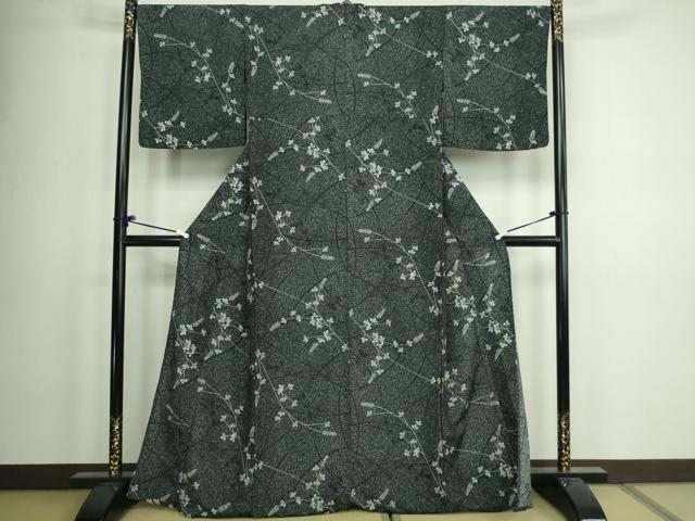 平和屋着物▽小紋 単衣 枝葉文 黒地 洗える着物 DAAW9176sf