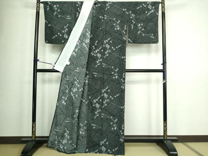 平和屋着物▽小紋 単衣 枝葉文 黒地 洗える着物 DAAW9176sf