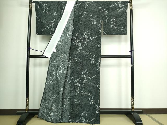 平和屋着物▽小紋 単衣 枝葉文 黒地 洗える着物 DAAW9176sf