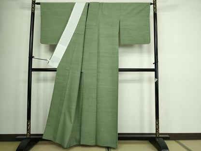 平和屋着物▽上質な紬 単衣 老竹色 正絹 逸品 DAAW9195sf