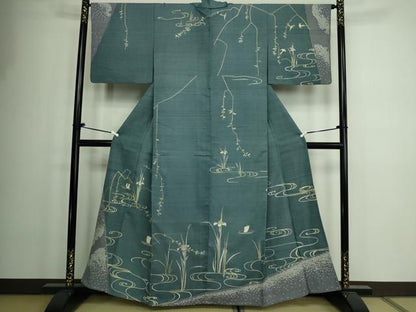 平和屋着物▽訪問着 単衣 生紬 流水草花文 正絹 逸品 DAAW9199sf