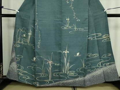平和屋着物▽訪問着 単衣 生紬 流水草花文 正絹 逸品 DAAW9199sf