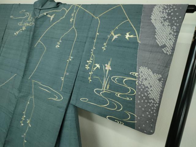 平和屋着物▽訪問着 単衣 生紬 流水草花文 正絹 逸品 DAAW9199sf