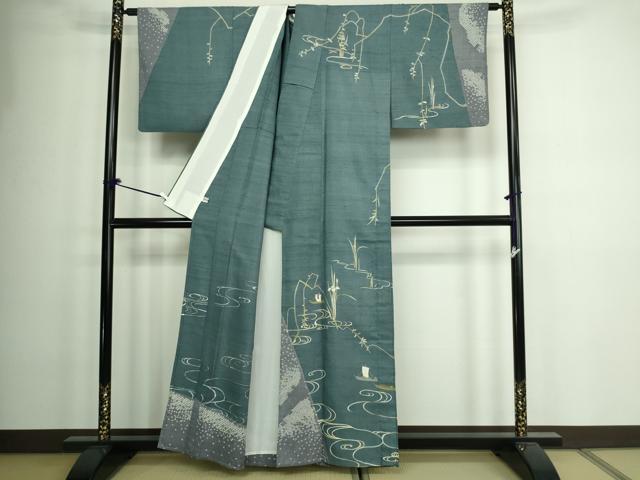 平和屋着物▽訪問着 単衣 生紬 流水草花文 正絹 逸品 DAAW9199sf