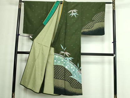 平和屋着物▽男性　訪問着　単衣　笹の葉文　金彩　洗える着物　DAAW9202sf