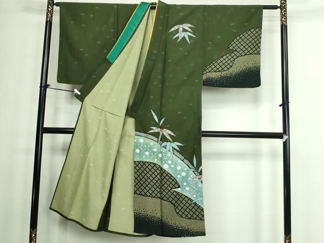 平和屋着物▽男性　訪問着　単衣　笹の葉文　金彩　洗える着物　DAAW9202sf