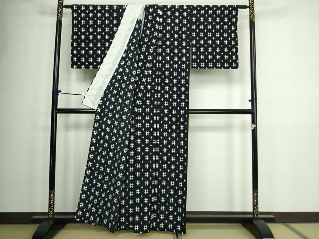 平和屋着物▽小紋 単衣 絣文様 黒地 洗える着物 DAAW9205sf