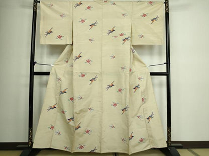 平和屋着物▽上質な紬 単衣 花鳥文 正絹 逸品 未使用 DAAW9207sf